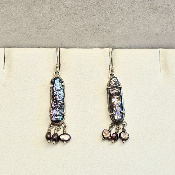 Peacock Stick Natural Pearls Dangle Earrings 925 - Picture 9 of 15